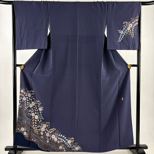 付下 身長161.5cm 袖長66cm M 雙層 翠山工房 大和 有落款 辻花染 花唐草紋 金銀彩 深紫 純蠶絲 名品級