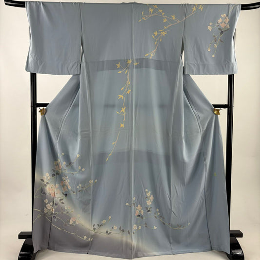 訪問服 身長169.5cm 袖長69.5cm L 雙層 和泉衛知 加賀友禪 落款あり 枝花 染分 ぼかし 水藍色 純蠶絲 名品級