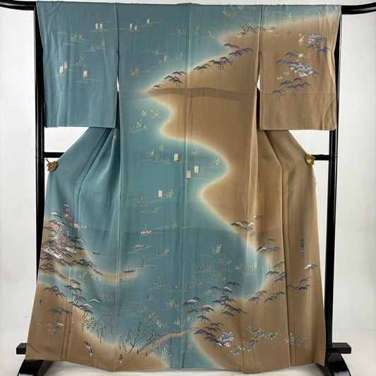 訪問服 身長164.5cm 袖長68.5cm L 雙層 精染居 上野街子 落款あり 矢橋帰帆 松樹竹子梅花 染分 縮緬 水色 純蠶絲 名品級