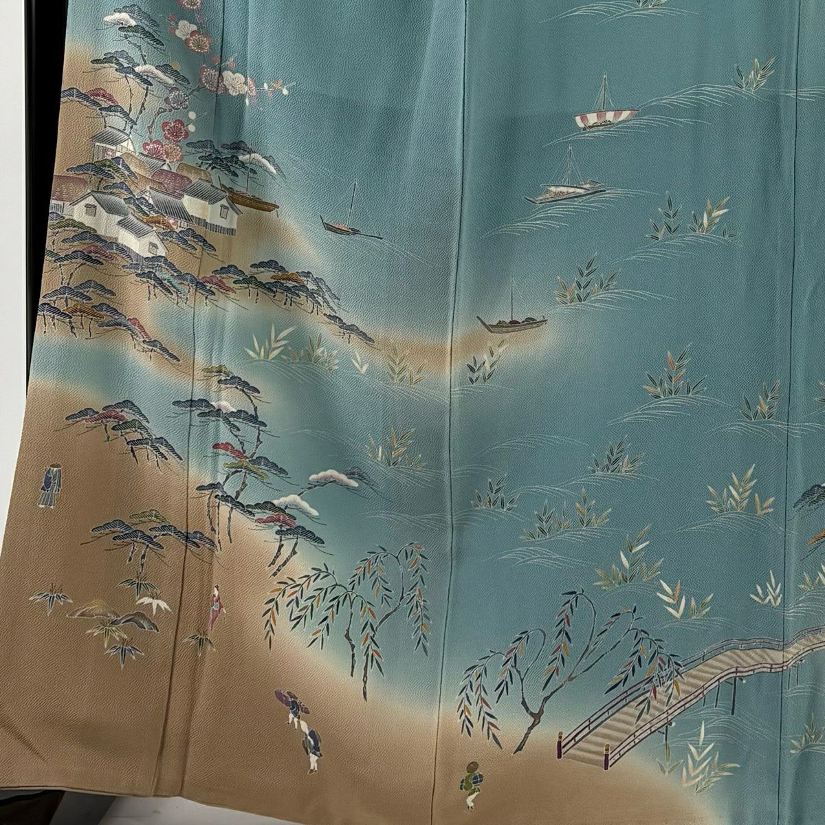 訪問服 身長164.5cm 袖長68.5cm L 雙層 精染居 上野街子 落款あり 矢橋帰帆 松樹竹子梅花 染分 縮緬 水色 純蠶絲 名品級