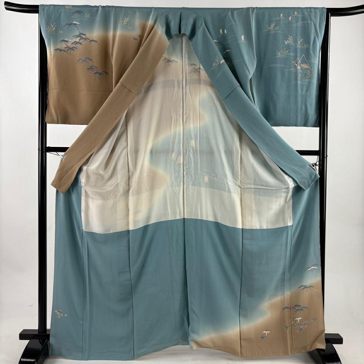 訪問服 身長164.5cm 袖長68.5cm L 雙層 精染居 上野街子 落款あり 矢橋帰帆 松樹竹子梅花 染分 縮緬 水色 純蠶絲 名品級
