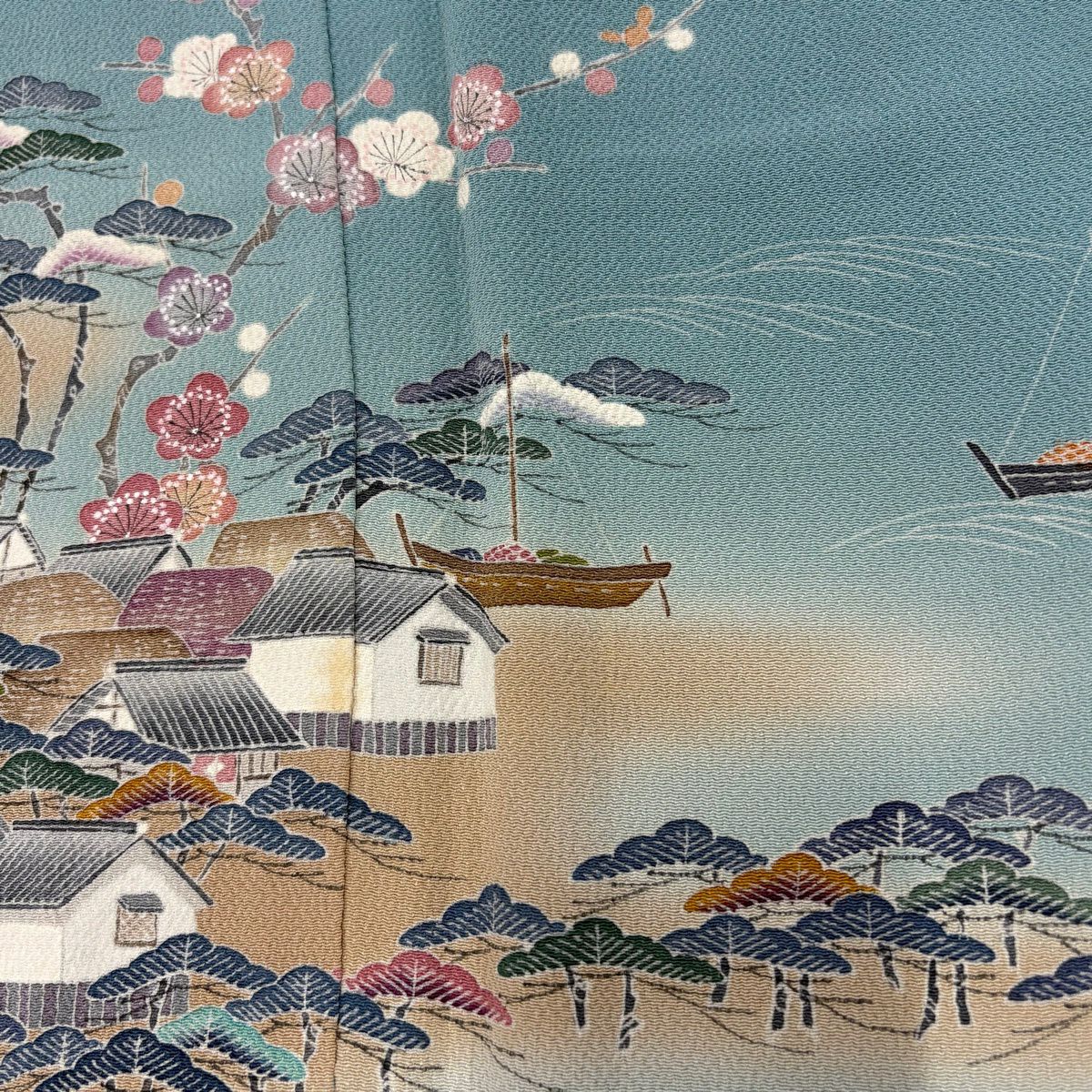 訪問服 身長164.5cm 袖長68.5cm L 雙層 精染居 上野街子 落款あり 矢橋帰帆 松樹竹子梅花 染分 縮緬 水色 純蠶絲 名品級