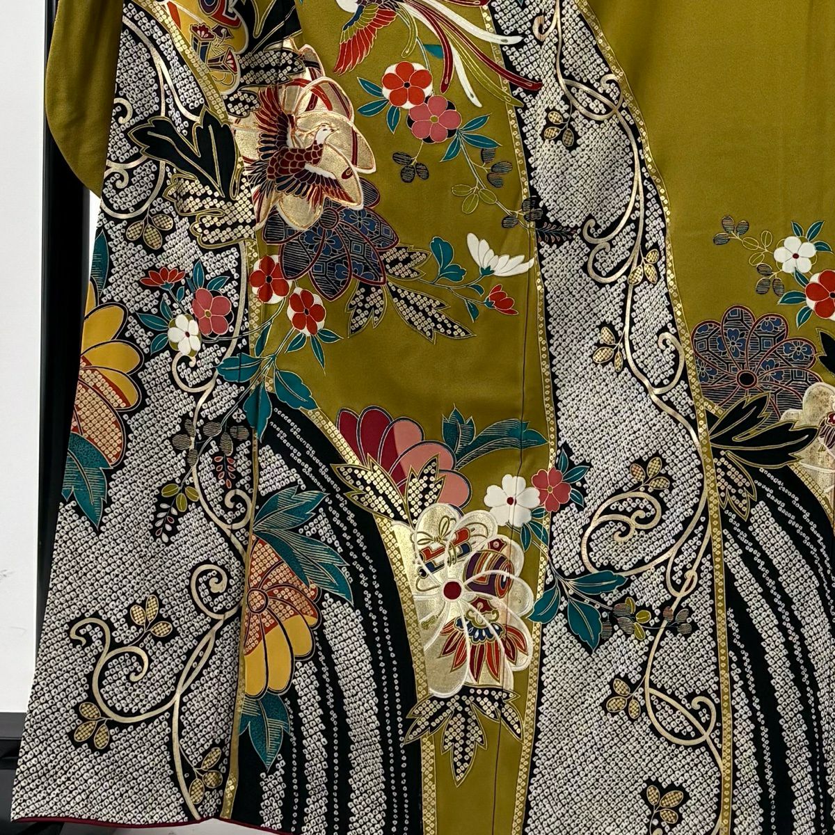 振袖禮服 身長164cm 袖長70cm L 雙層 花唐草紋 尾長鳥 金絲 金銀彩 鶯 經典純蠶絲 名品級