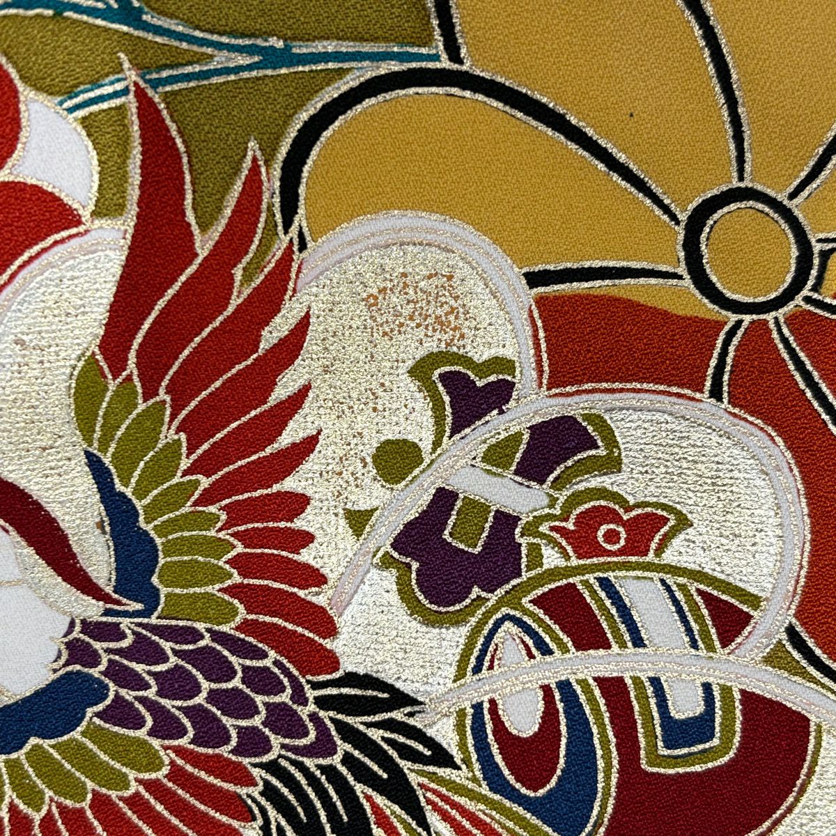 振袖禮服 身長164cm 袖長70cm L 雙層 花唐草紋 尾長鳥 金絲 金銀彩 鶯 經典純蠶絲 名品級