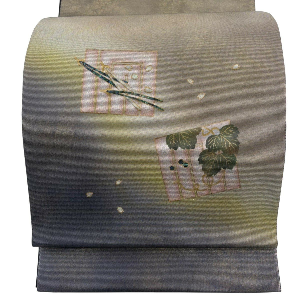 【美品】 袋帶 秀品級 源氏香 松樹葉 金金箔 金銀彩 茶綠 お太鼓圖案 純蠶絲