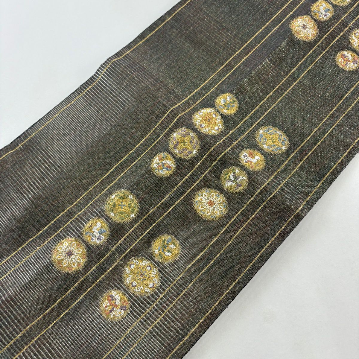 袋帶 秀品級 大和 華紋 鳥 金絲 金金箔 茶 六通 純蠶絲