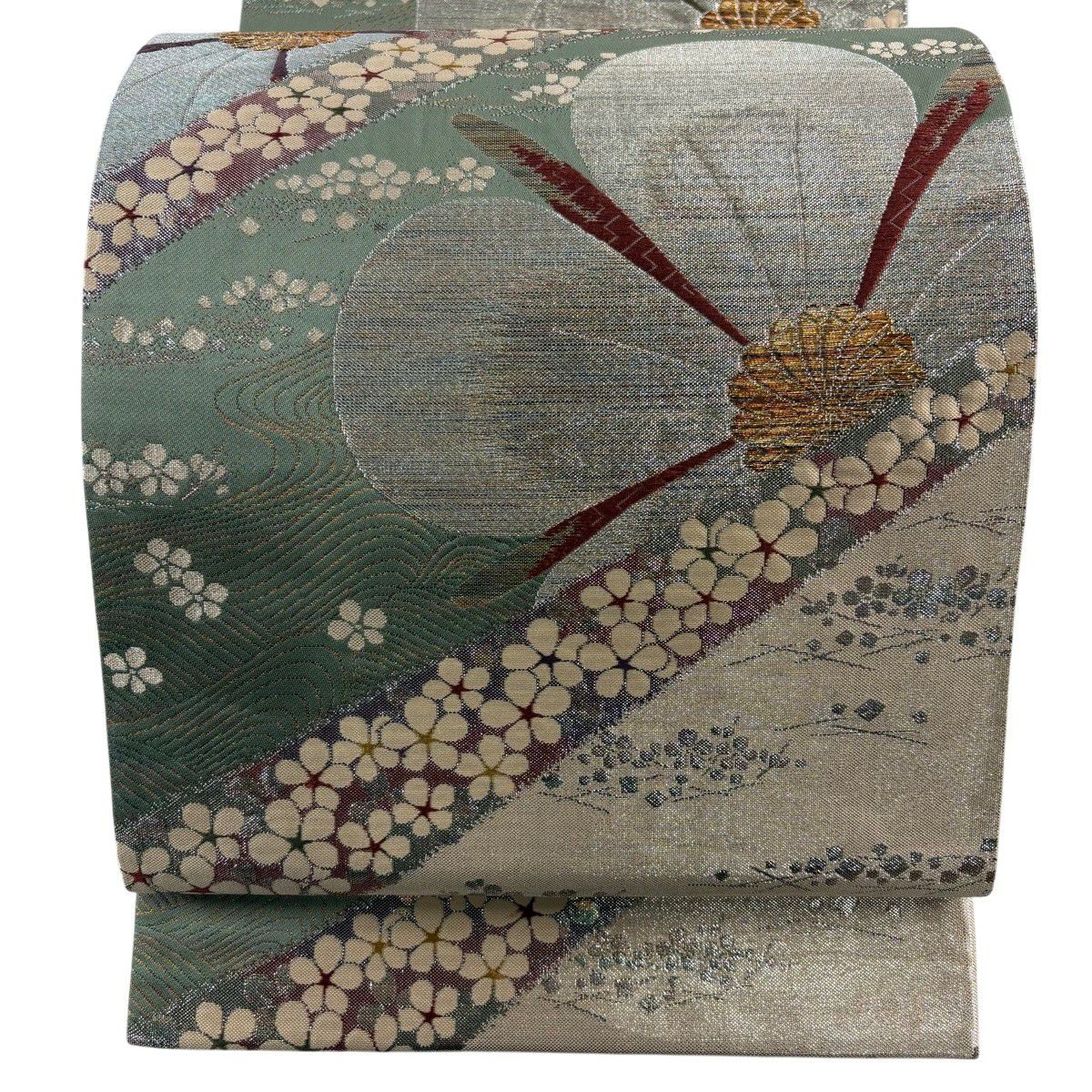 【美品】 袋帶 秀品級 梅花 流水 金金箔 灰綠 六通 純蠶絲