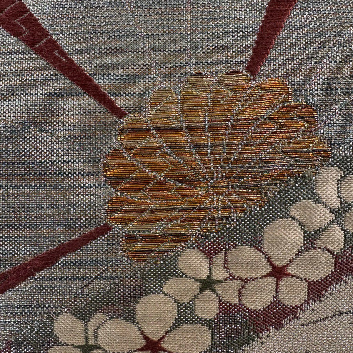 【美品】 袋帶 秀品級 梅花 流水 金金箔 灰綠 六通 純蠶絲