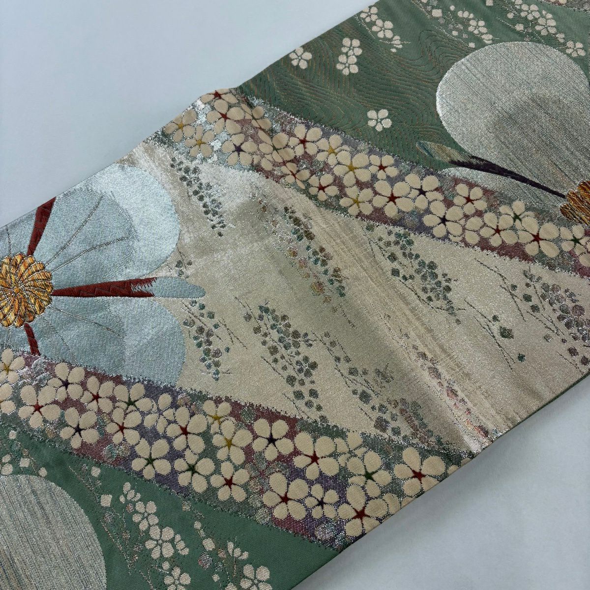 【美品】 袋帶 秀品級 梅花 流水 金金箔 灰綠 六通 純蠶絲