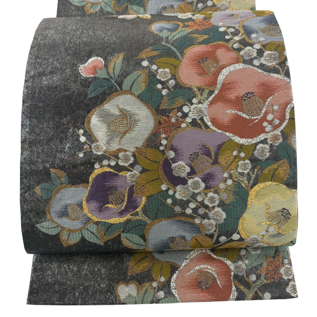 【美品】 袋帶 秀品級 椿 梅花 金絲 金金箔 黑灰 六通 純蠶絲
