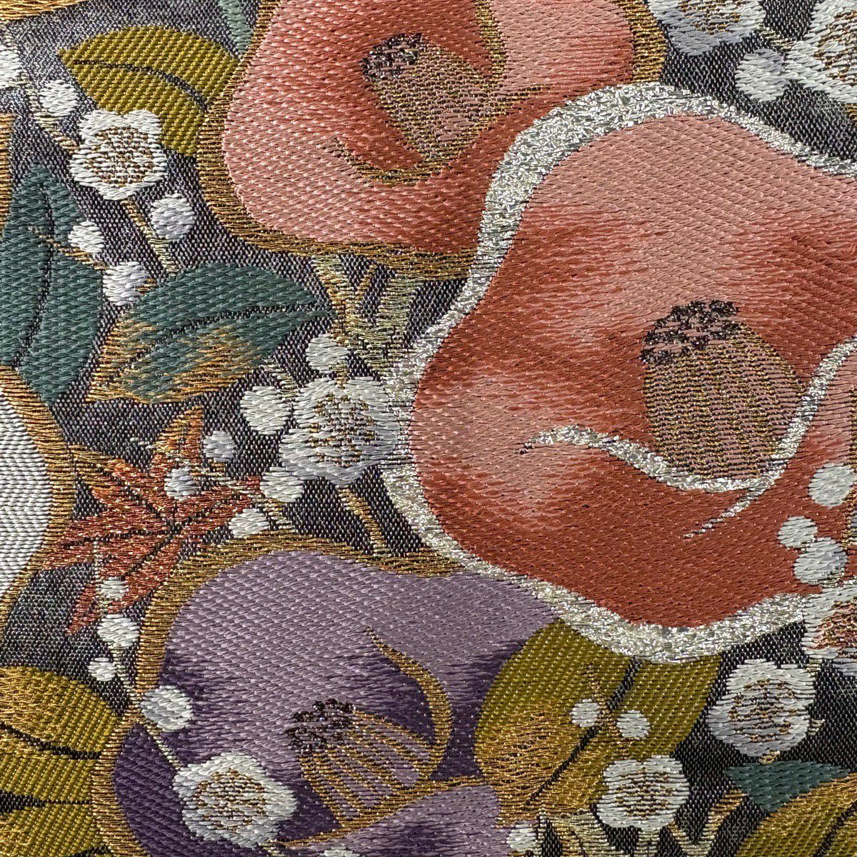 【美品】 袋帶 秀品級 椿 梅花 金絲 金金箔 黑灰 六通 純蠶絲