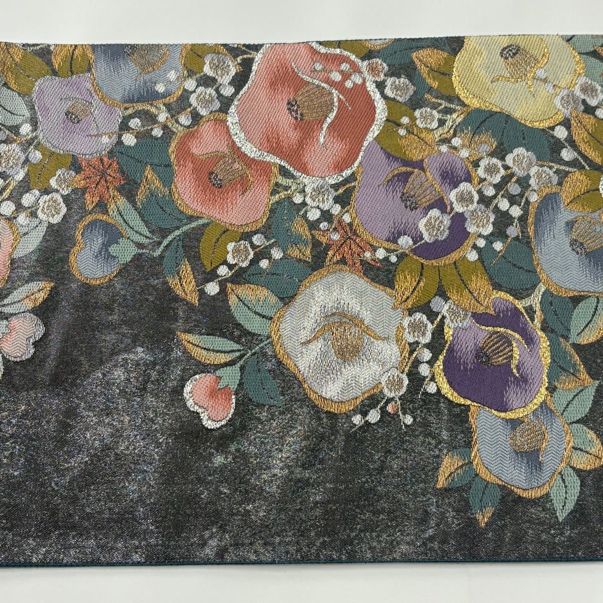 【美品】 袋帶 秀品級 椿 梅花 金絲 金金箔 黑灰 六通 純蠶絲
