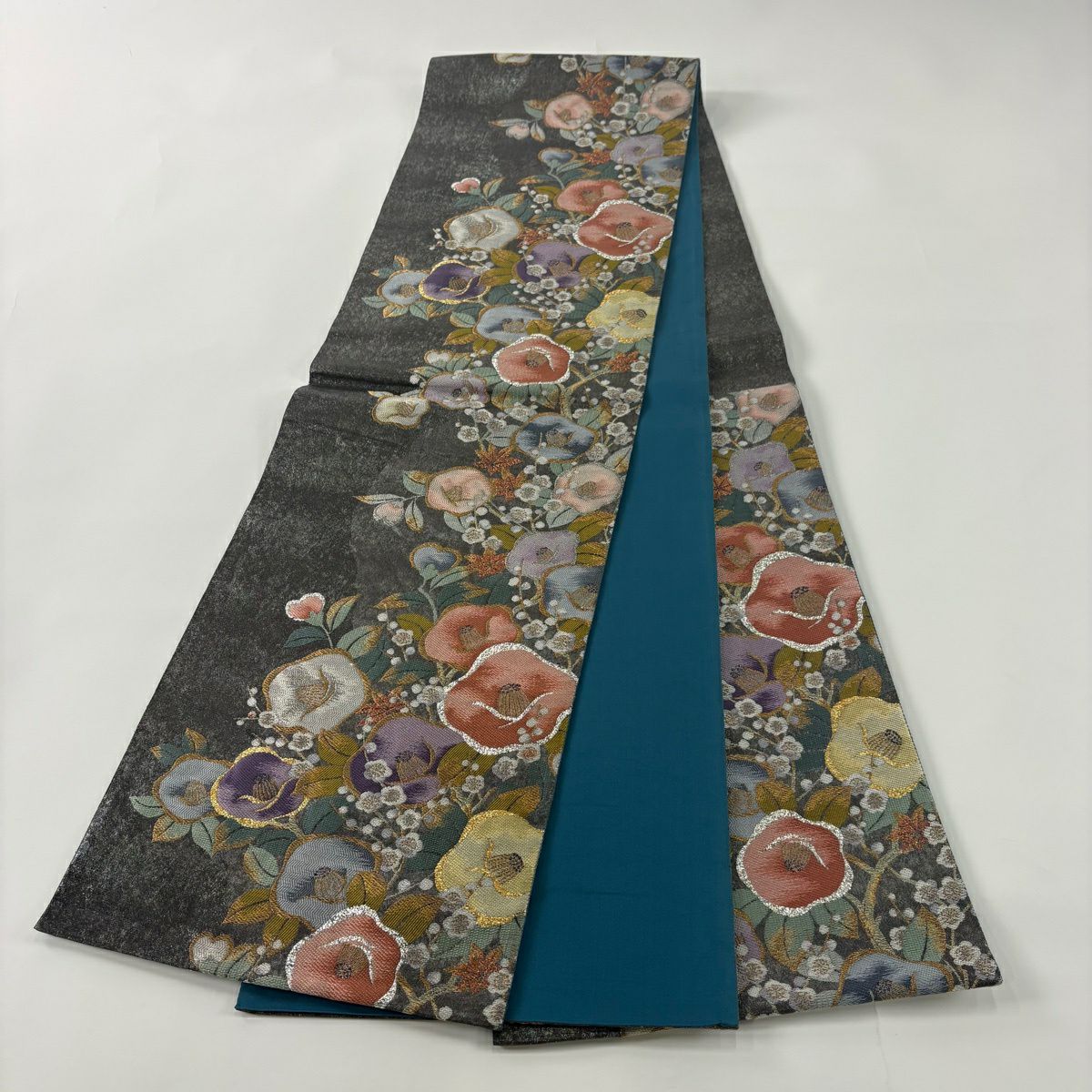 【美品】 袋帶 秀品級 椿 梅花 金絲 金金箔 黑灰 六通 純蠶絲