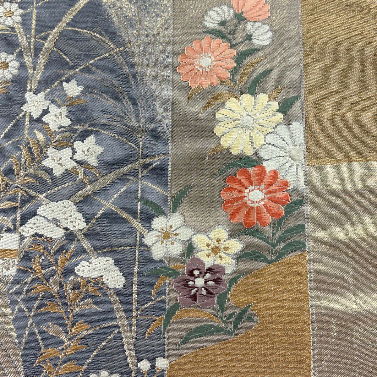 袋帶 秀品級 短冊 草花紋 金糸 金金箔 灰 深藍 六通 純蠶絲