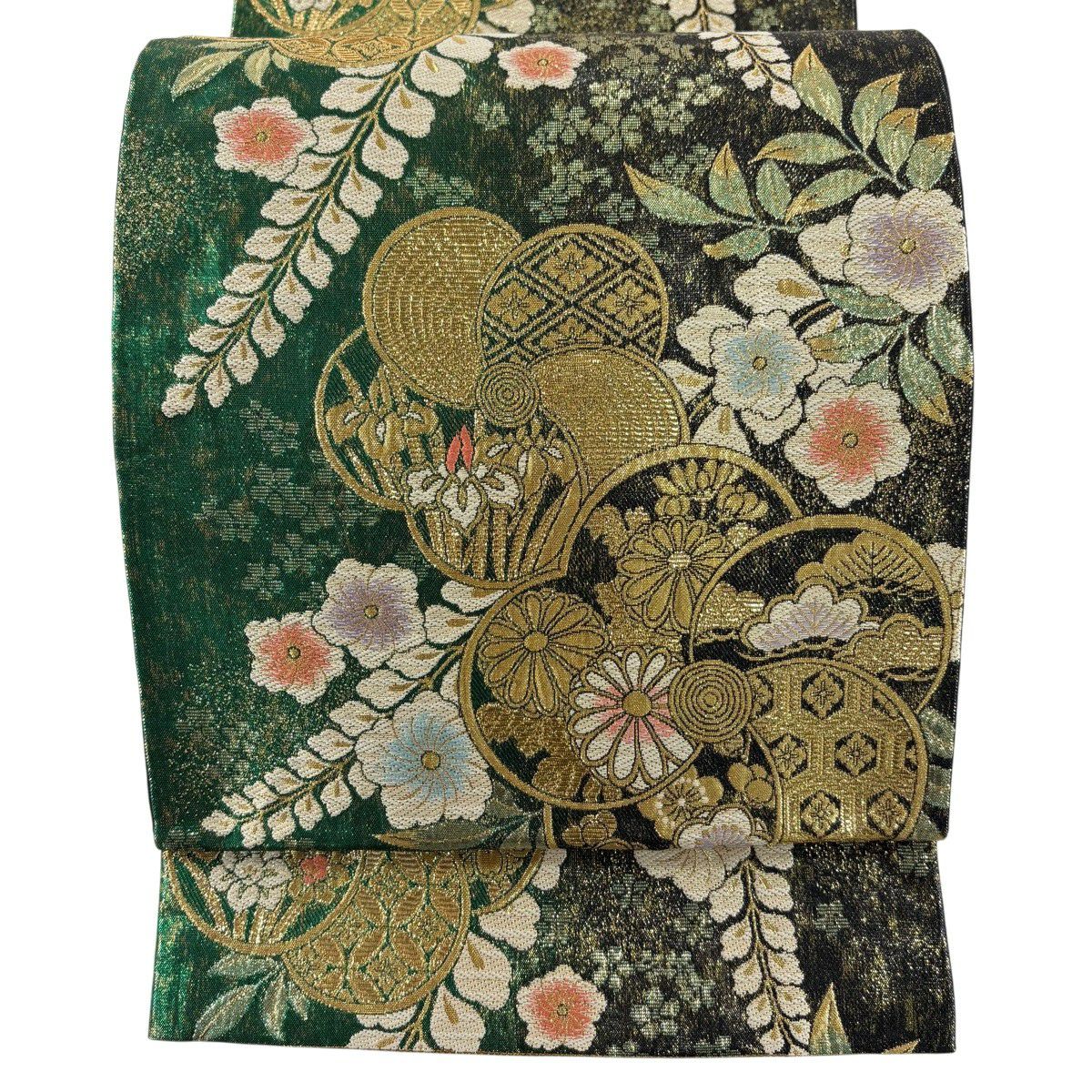 【美品】 袋帶 秀品級 振袖禮服禮服用 旋梅花 草花紋紋 金絲 金金箔 黑 六通 純蠶絲