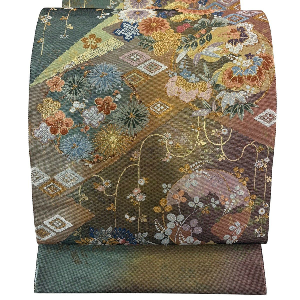 【美品】 袋帶 秀品級 證書齊全 花丸紋 松樹竹子梅花 金絲 刺繡 灰紫 六通 純蠶絲