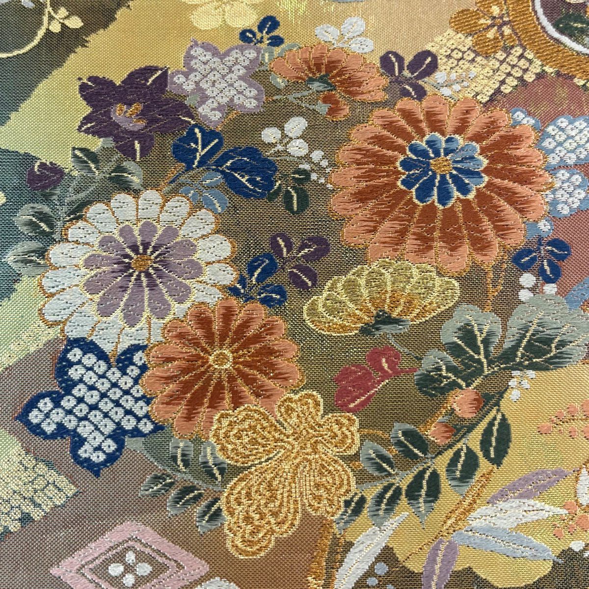 【美品】 袋帶 秀品級 證書齊全 花丸紋 松樹竹子梅花 金絲 刺繡 灰紫 六通 純蠶絲