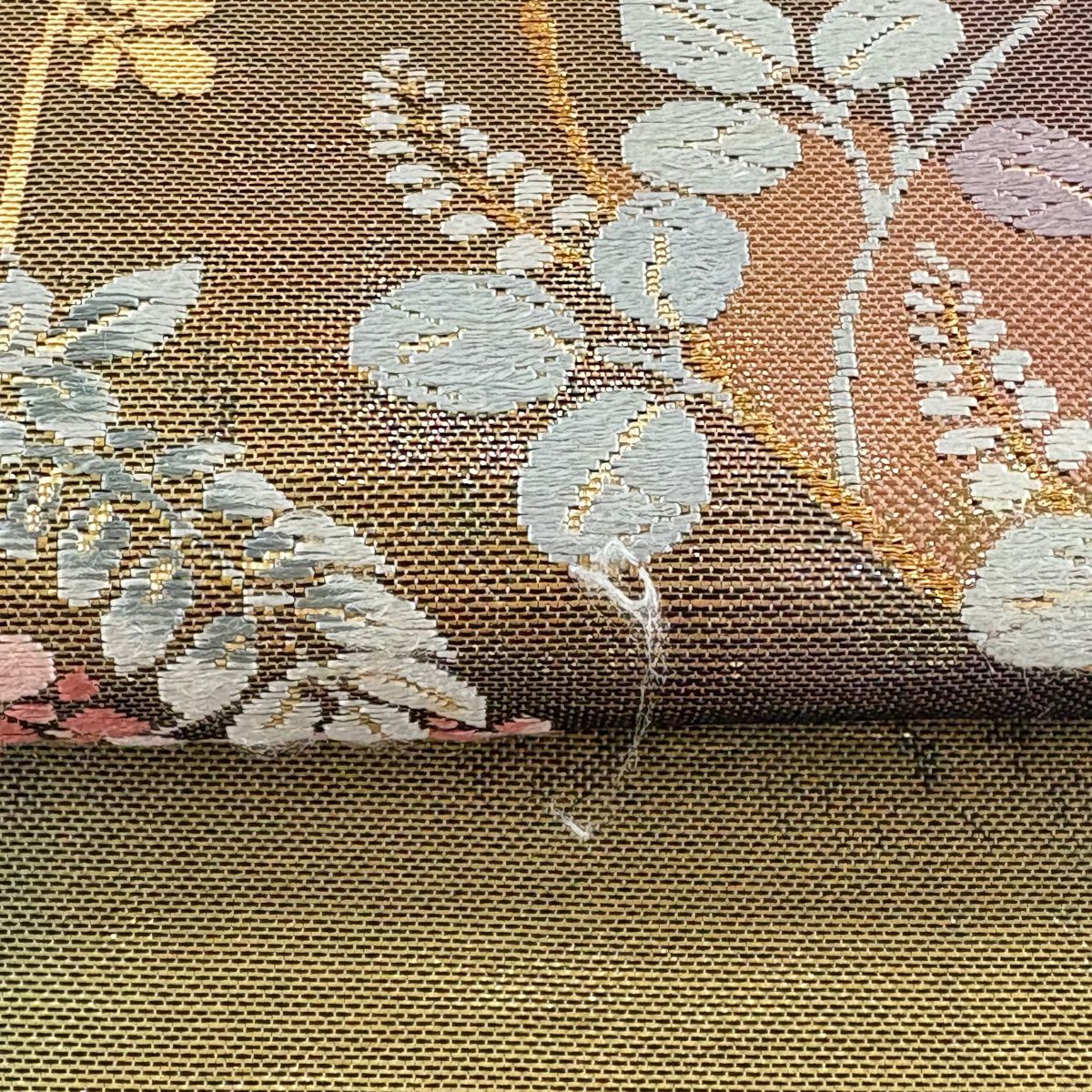 【美品】 袋帶 秀品級 證書齊全 花丸紋 松樹竹子梅花 金絲 刺繡 灰紫 六通 純蠶絲