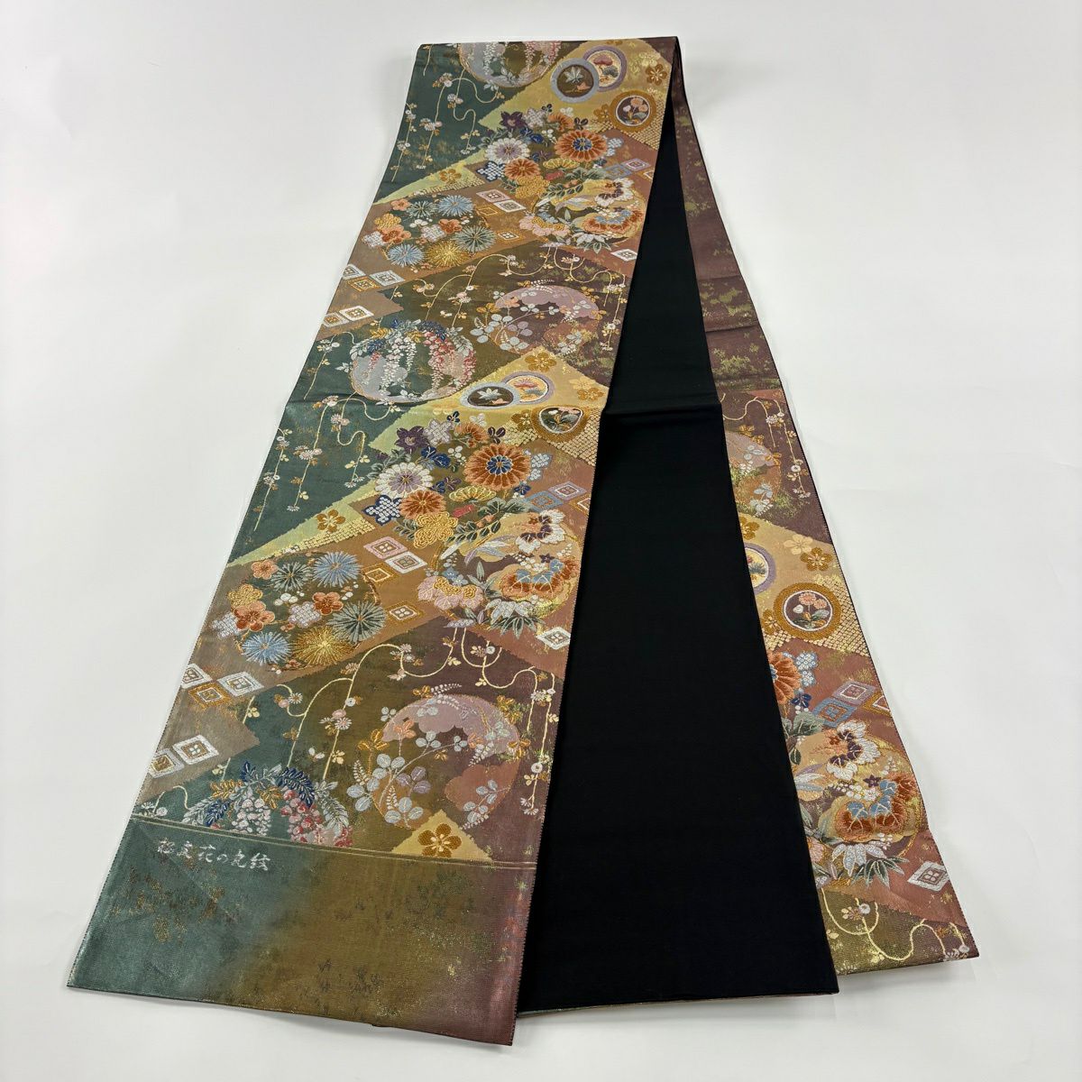 【美品】 袋帶 秀品級 證書齊全 花丸紋 松樹竹子梅花 金絲 刺繡 灰紫 六通 純蠶絲