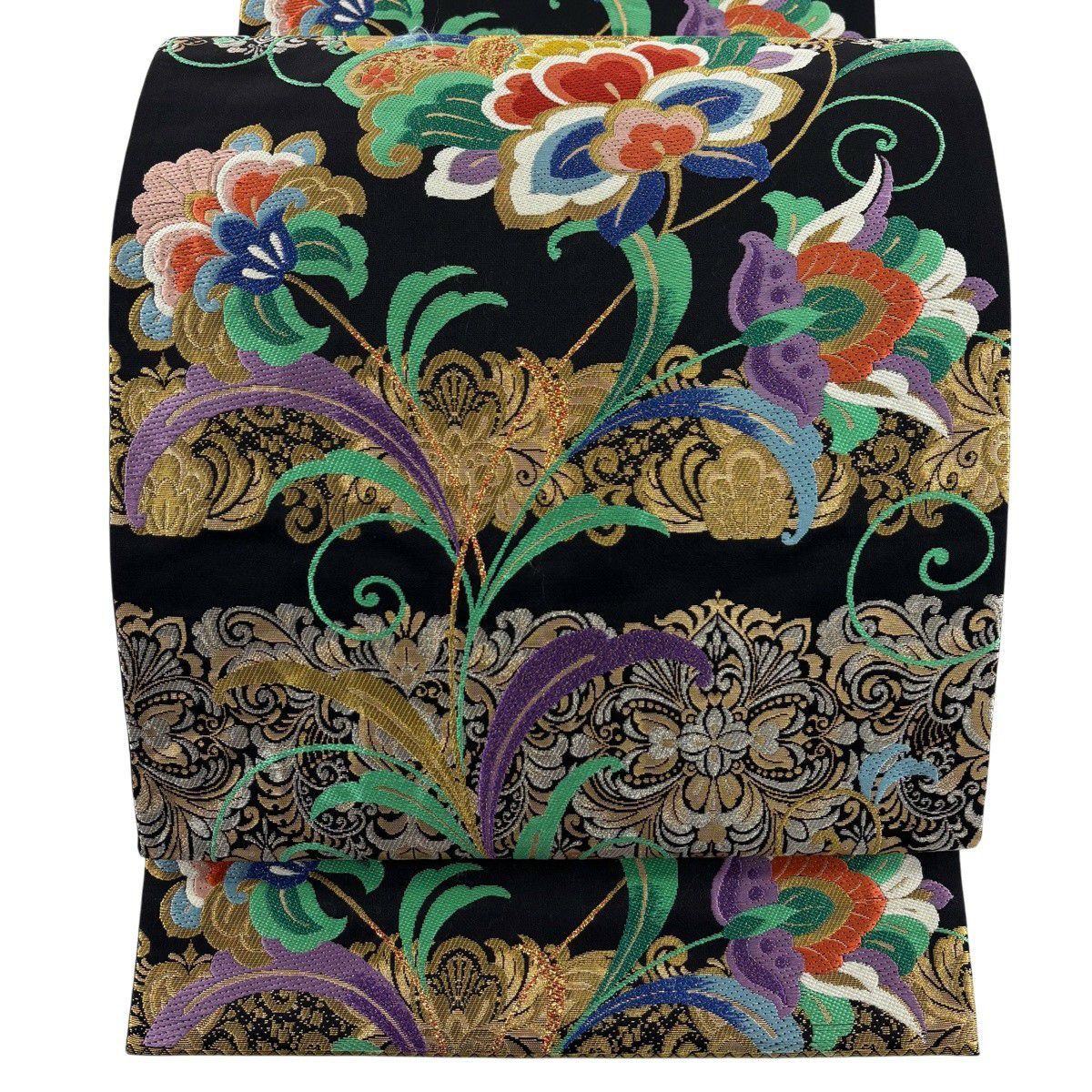 【美品】 袋帶 秀品級 草花紋紋 金銀彩 刺繡 黑 六通 純蠶絲