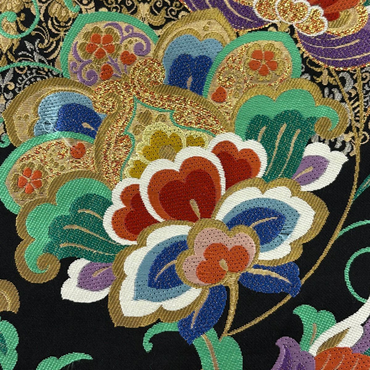 【美品】 袋帶 秀品級 草花紋紋 金銀彩 刺繡 黑 六通 純蠶絲