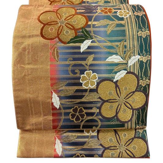 袋帶 秀品級 梅花花唐草紋 金銀彩 刺繡 青紫 六通 純蠶絲