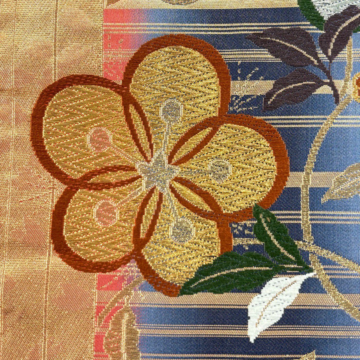 袋帶 秀品級 梅花花唐草紋 金銀彩 刺繡 青紫 六通 純蠶絲
