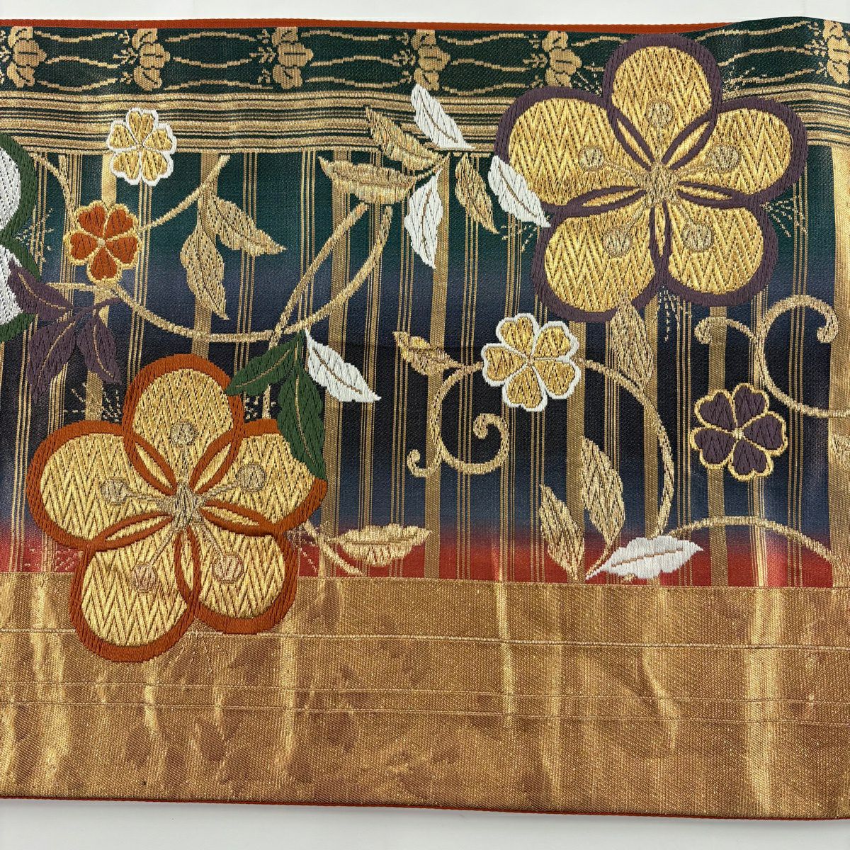 袋帶 秀品級 梅花花唐草紋 金銀彩 刺繡 青紫 六通 純蠶絲
