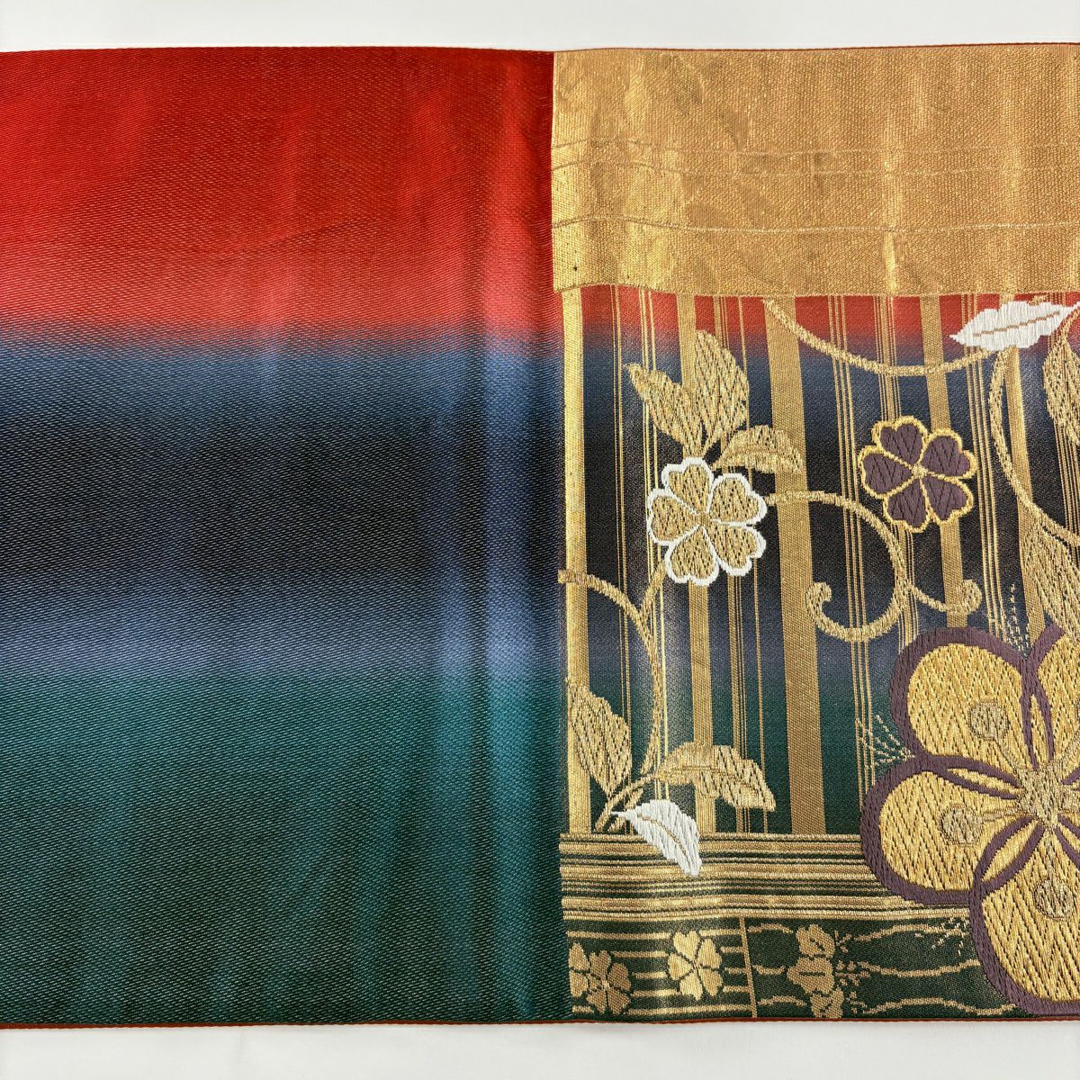 袋帶 秀品級 梅花花唐草紋 金銀彩 刺繡 青紫 六通 純蠶絲