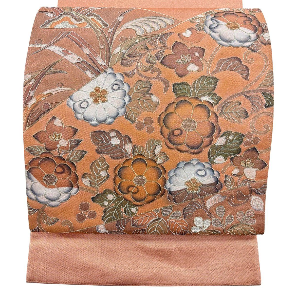 【美品】 袋帶 秀品級 關西仕立 花唐草紋 金銀彩 金金箔 鮭粉紅 お太鼓柄 純蠶絲
