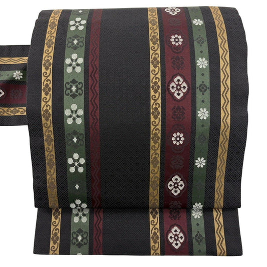 【美品】名古屋帶 秀品級 花 縞 灰紫 純蠶絲
