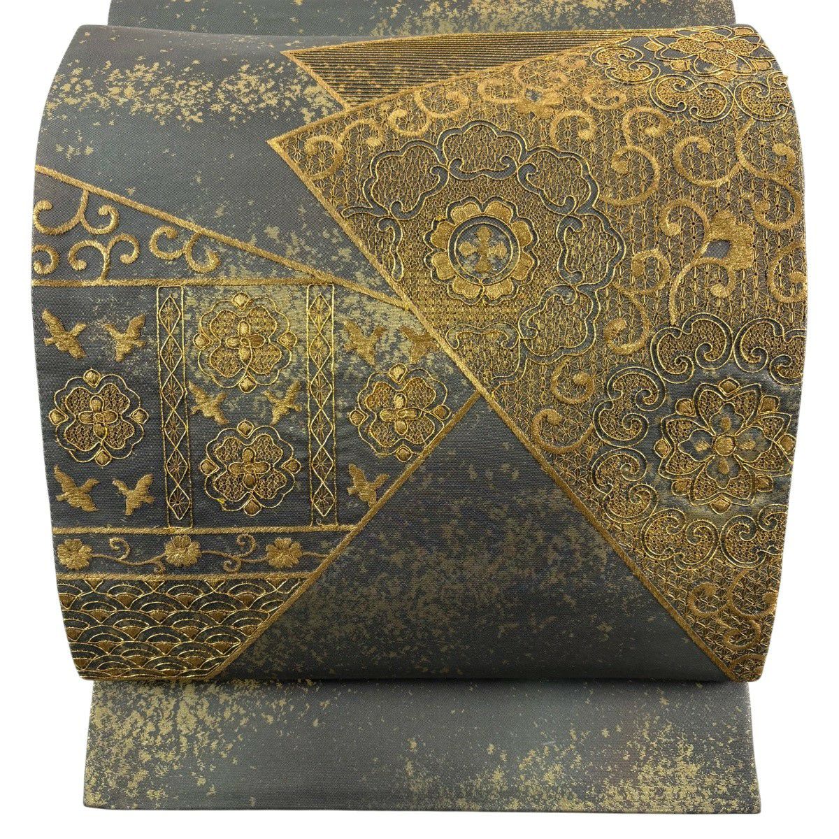 【美品】 袋帶 秀品級 華紋 花唐草紋 金絲 金金箔 灰綠 お太鼓柄 純蠶絲