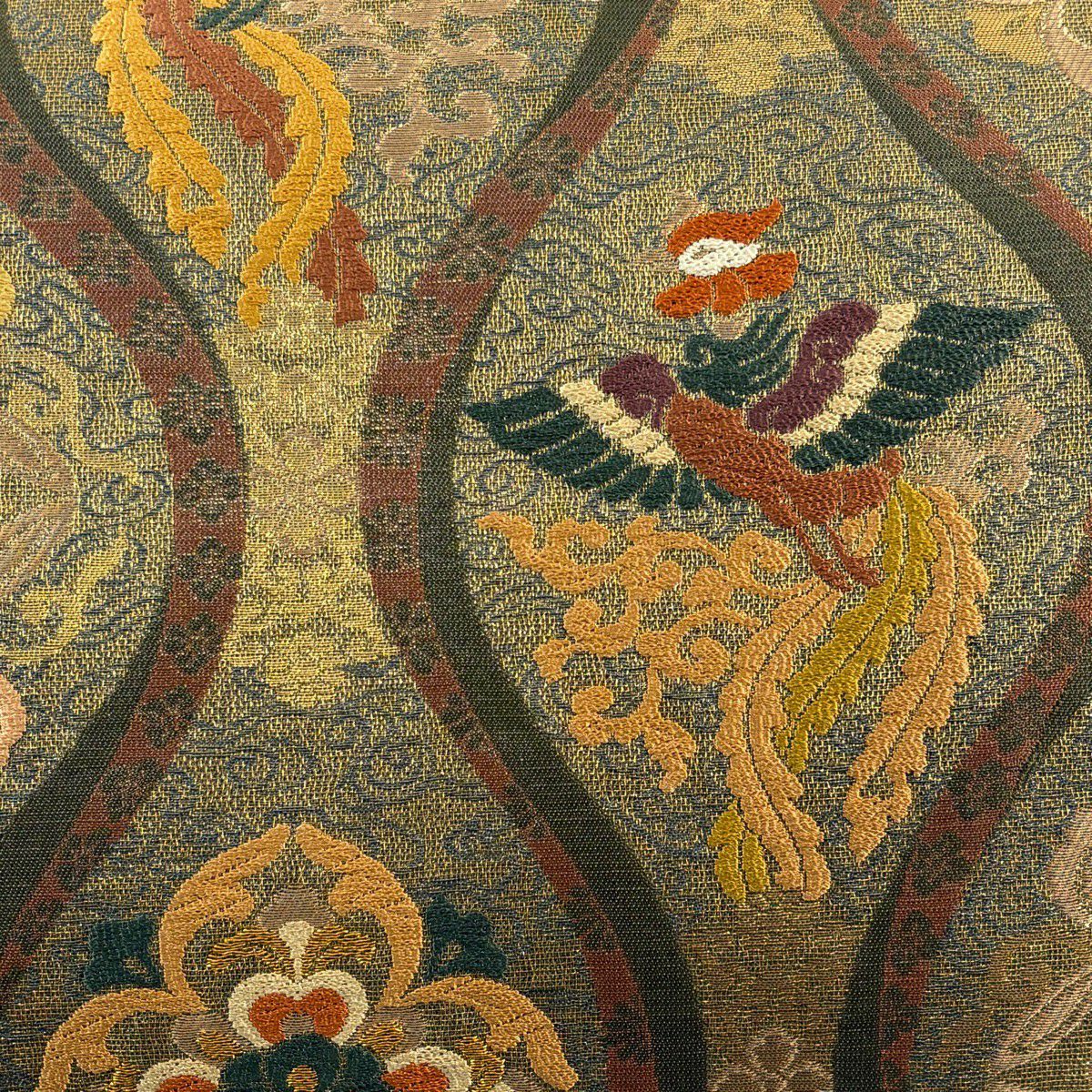 【美品】 袋帶 秀品級 華紋 鳥 唐織 金金箔 鶯 深藍 六通 純蠶絲