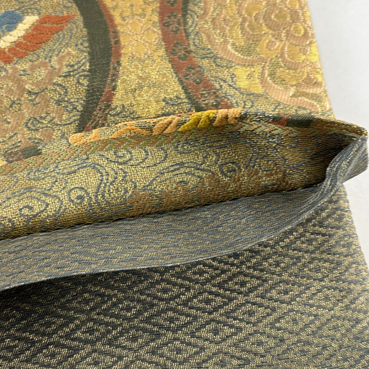 【美品】 袋帶 秀品級 華紋 鳥 唐織 金金箔 鶯 深藍 六通 純蠶絲