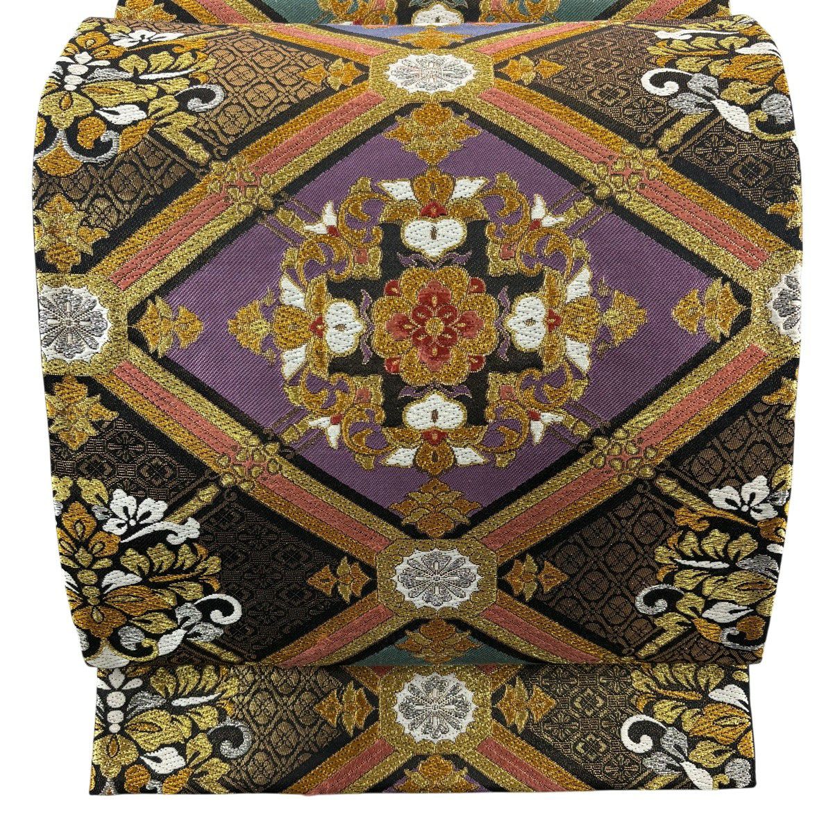 【美品】 袋帶 秀品級 華紋 草花紋 唐織 金金箔 紫 六通 純蠶絲