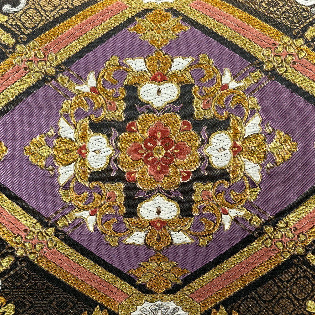 【美品】 袋帶 秀品級 華紋 草花紋 唐織 金金箔 紫 六通 純蠶絲