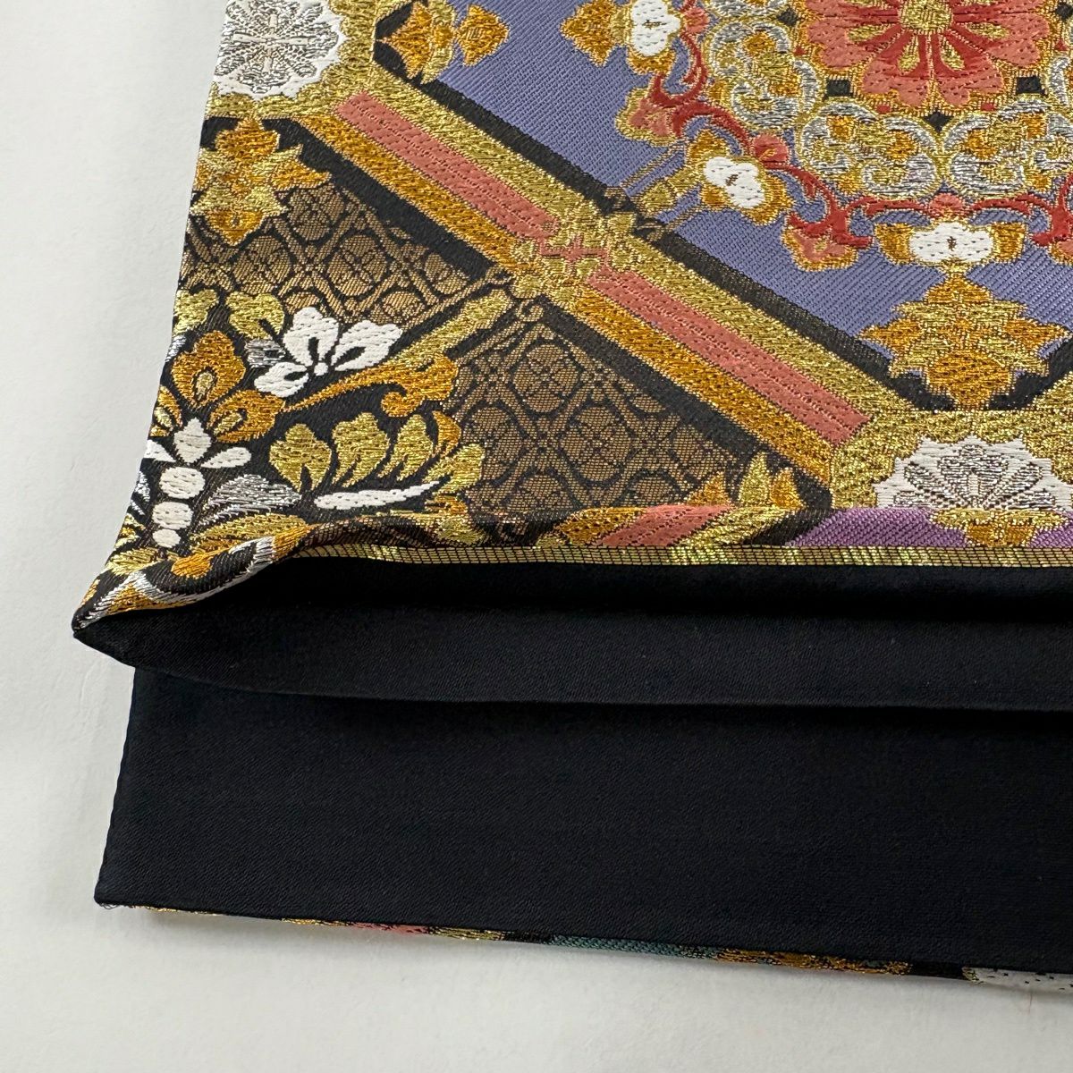 【美品】 袋帶 秀品級 華紋 草花紋 唐織 金金箔 紫 六通 純蠶絲