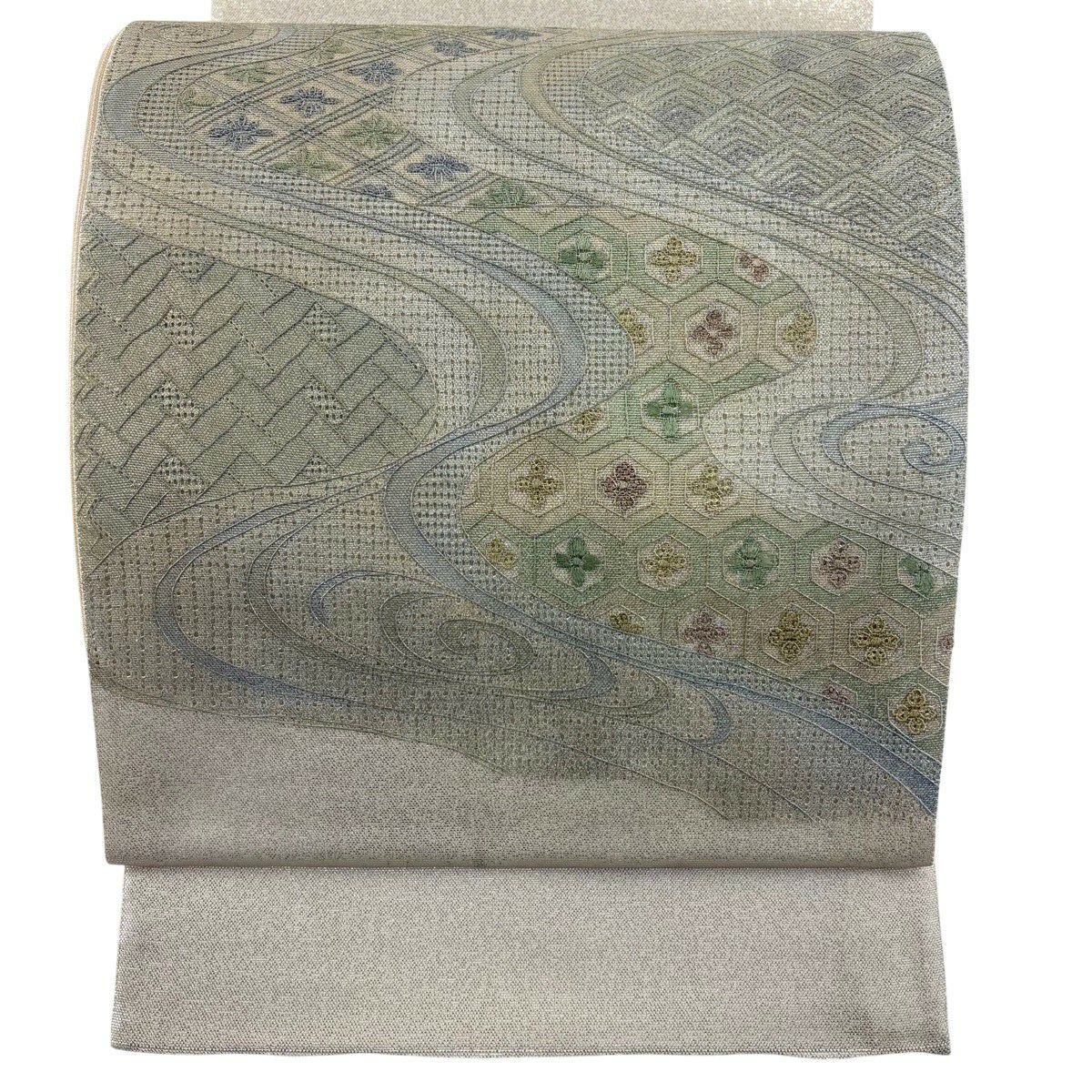 袋帶 秀品級 關西仕立 夏帶 有職紋樣 流水 金金箔 刺繡 米色 紮帶圖案 純蠶絲