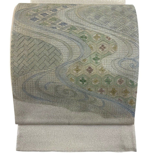 袋帶 秀品級 關西仕立 夏帶 有職紋樣 流水 金金箔 刺繡 米色 紮帶圖案 純蠶絲