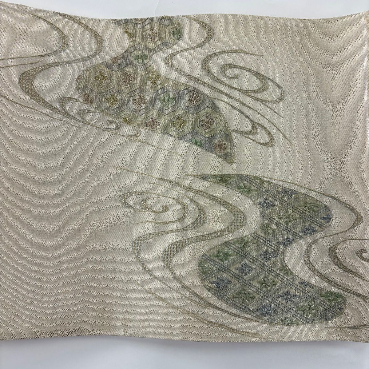 袋帶 秀品級 關西仕立 夏帶 有職紋樣 流水 金金箔 刺繡 米色 紮帶圖案 純蠶絲