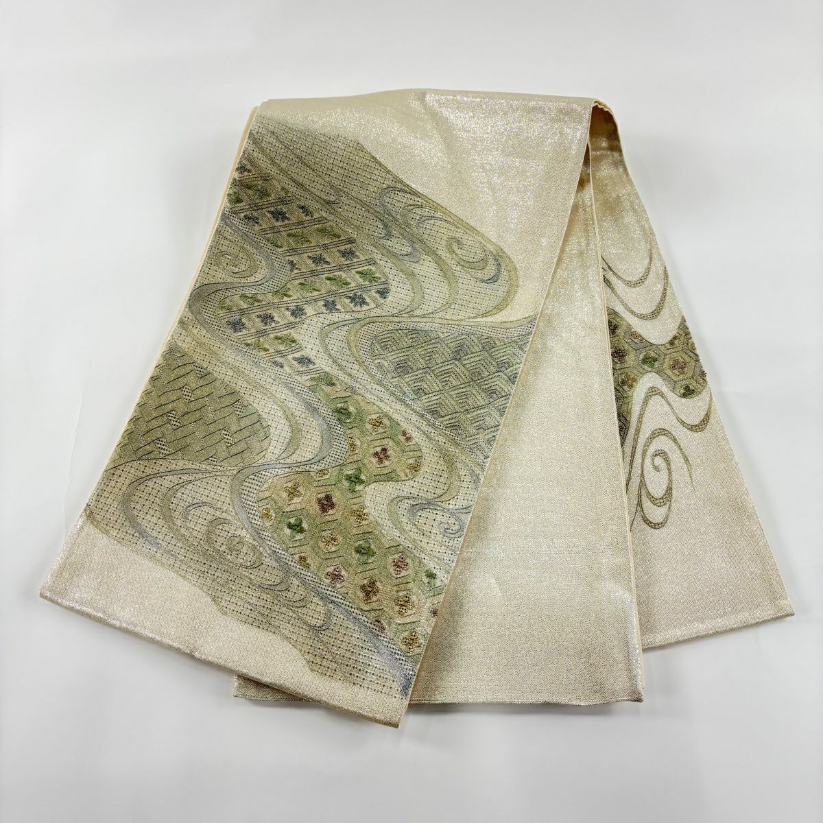 袋帶 秀品級 關西仕立 夏帶 有職紋樣 流水 金金箔 刺繡 米色 紮帶圖案 純蠶絲