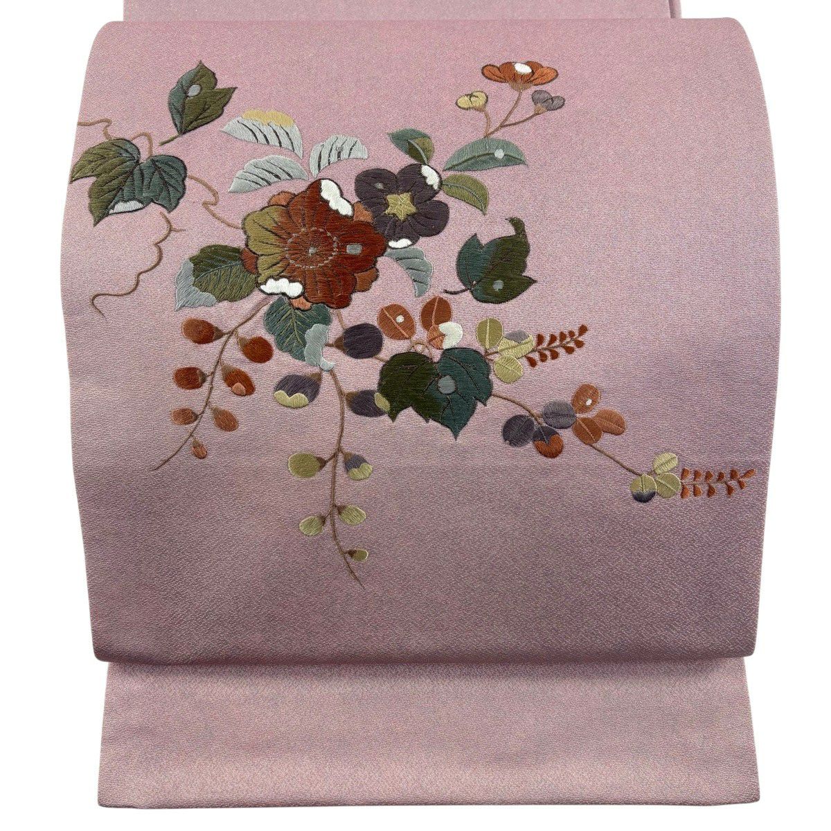 開口名古屋帶 優品級 草花紋刺繡 銀線 粉紅 純蠶絲