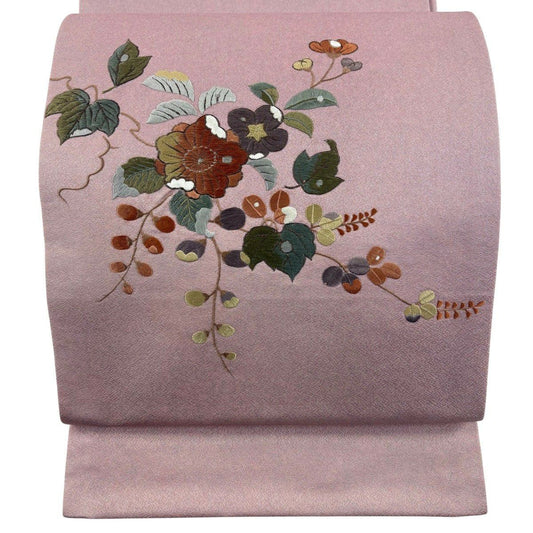 開口名古屋帶 優品級 草花紋刺繡 銀線 粉紅 純蠶絲