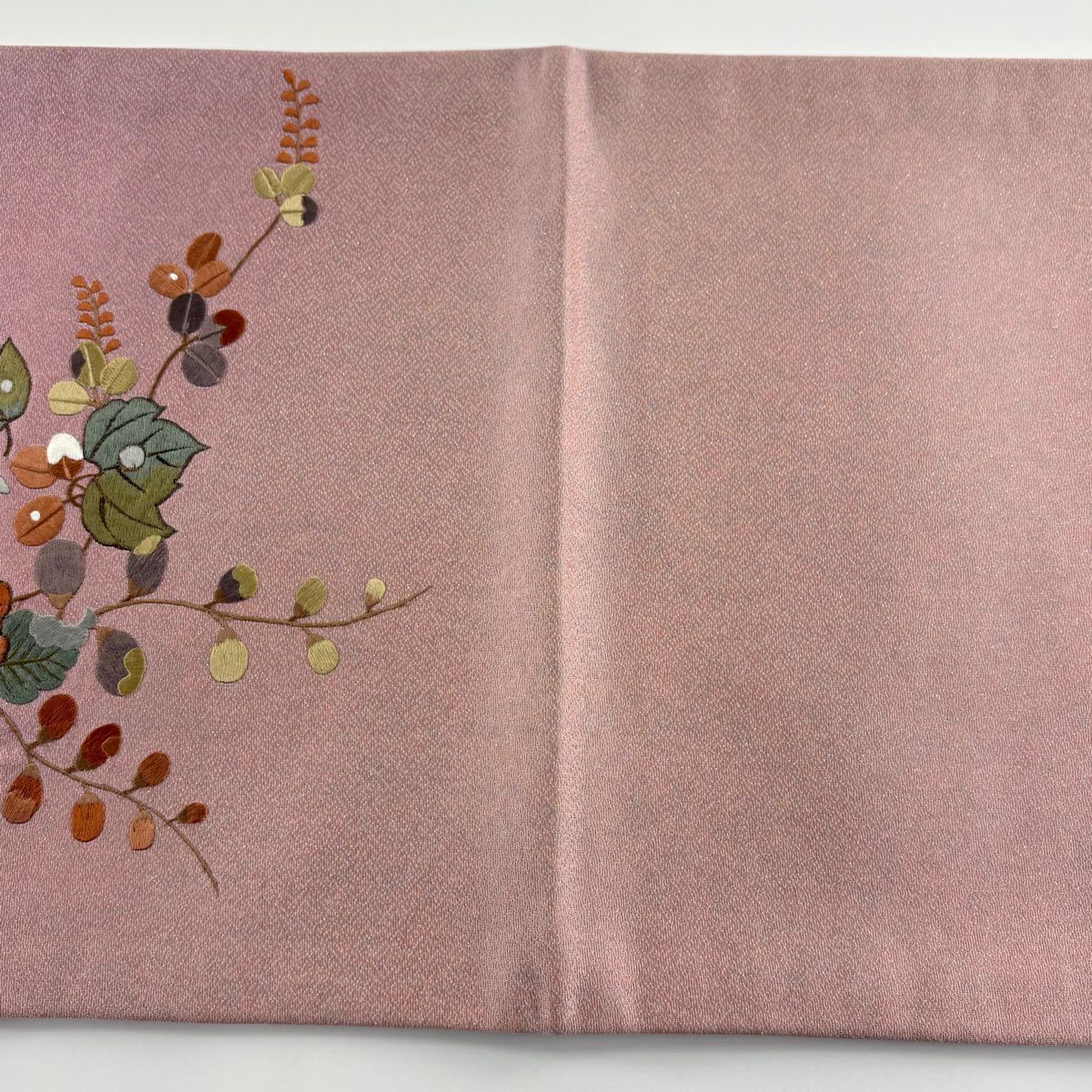 開口名古屋帶 優品級 草花紋刺繡 銀線 粉紅 純蠶絲