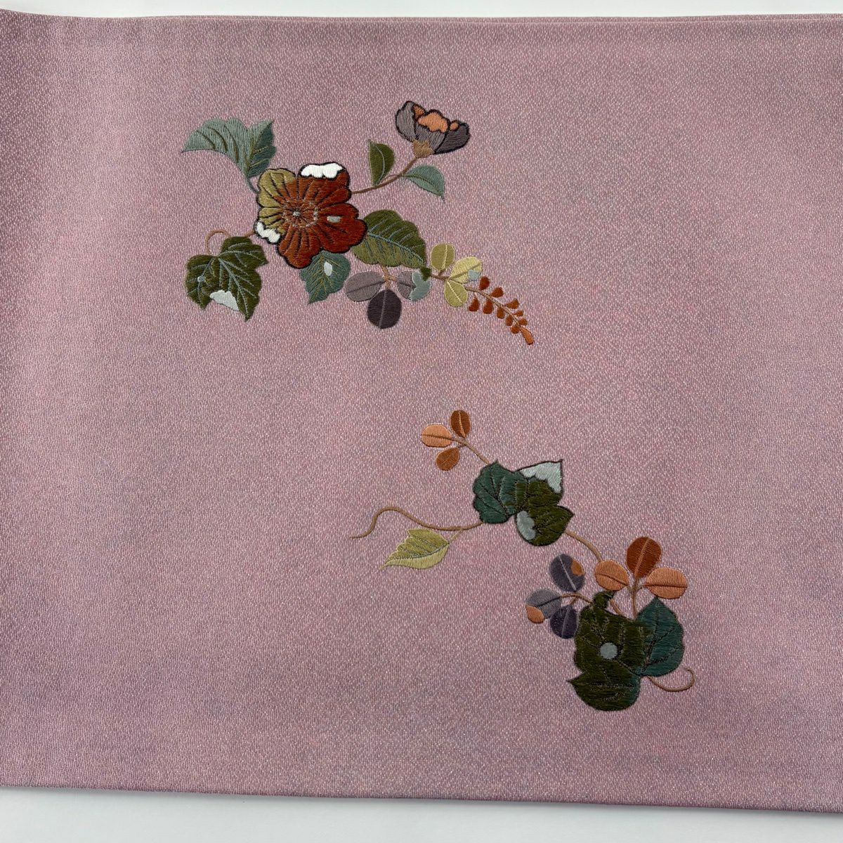 開口名古屋帶 優品級 草花紋刺繡 銀線 粉紅 純蠶絲