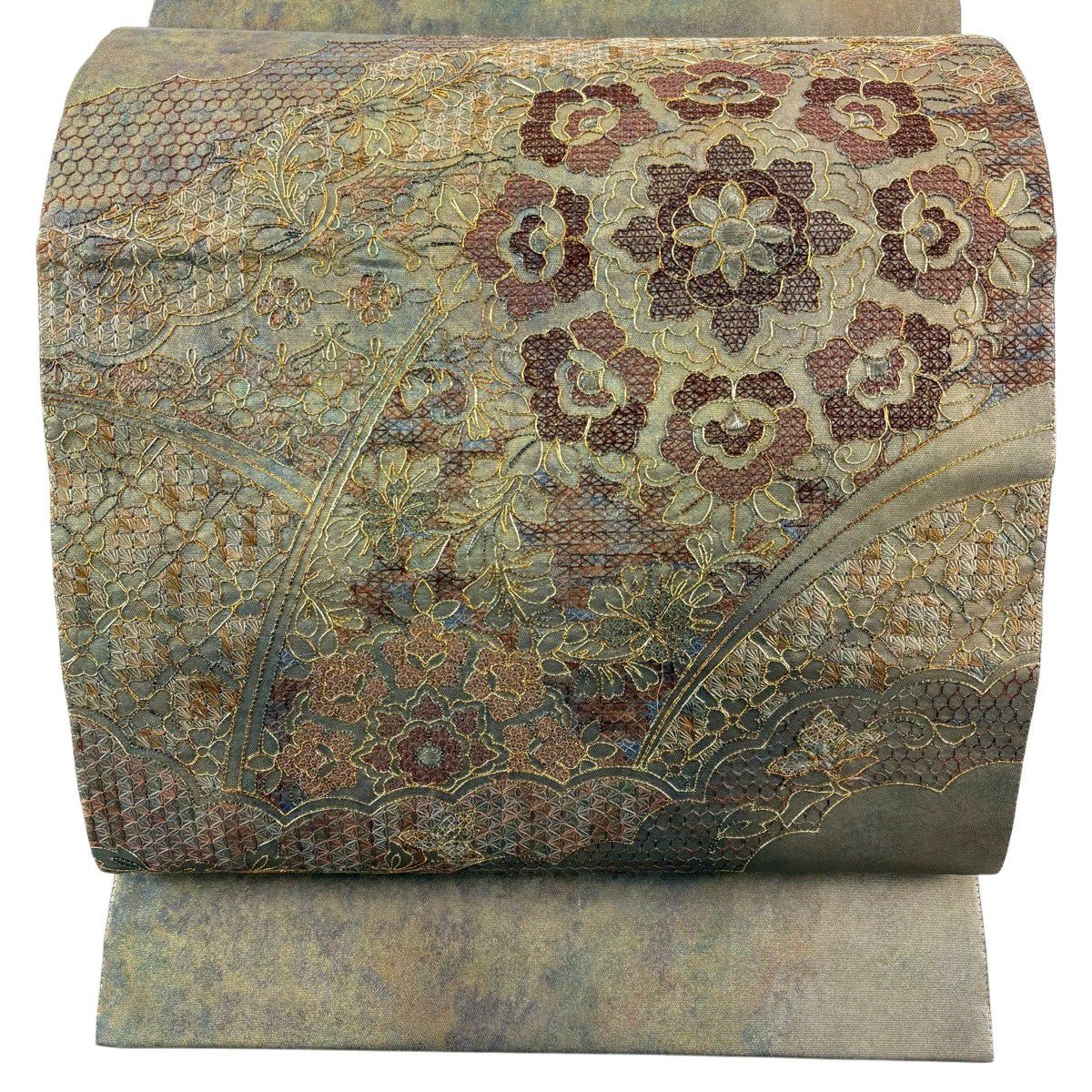 【美品】 袋帶 秀品級 華紋 草花紋 金糸 金金箔 灰綠 お太鼓柄 純蠶絲