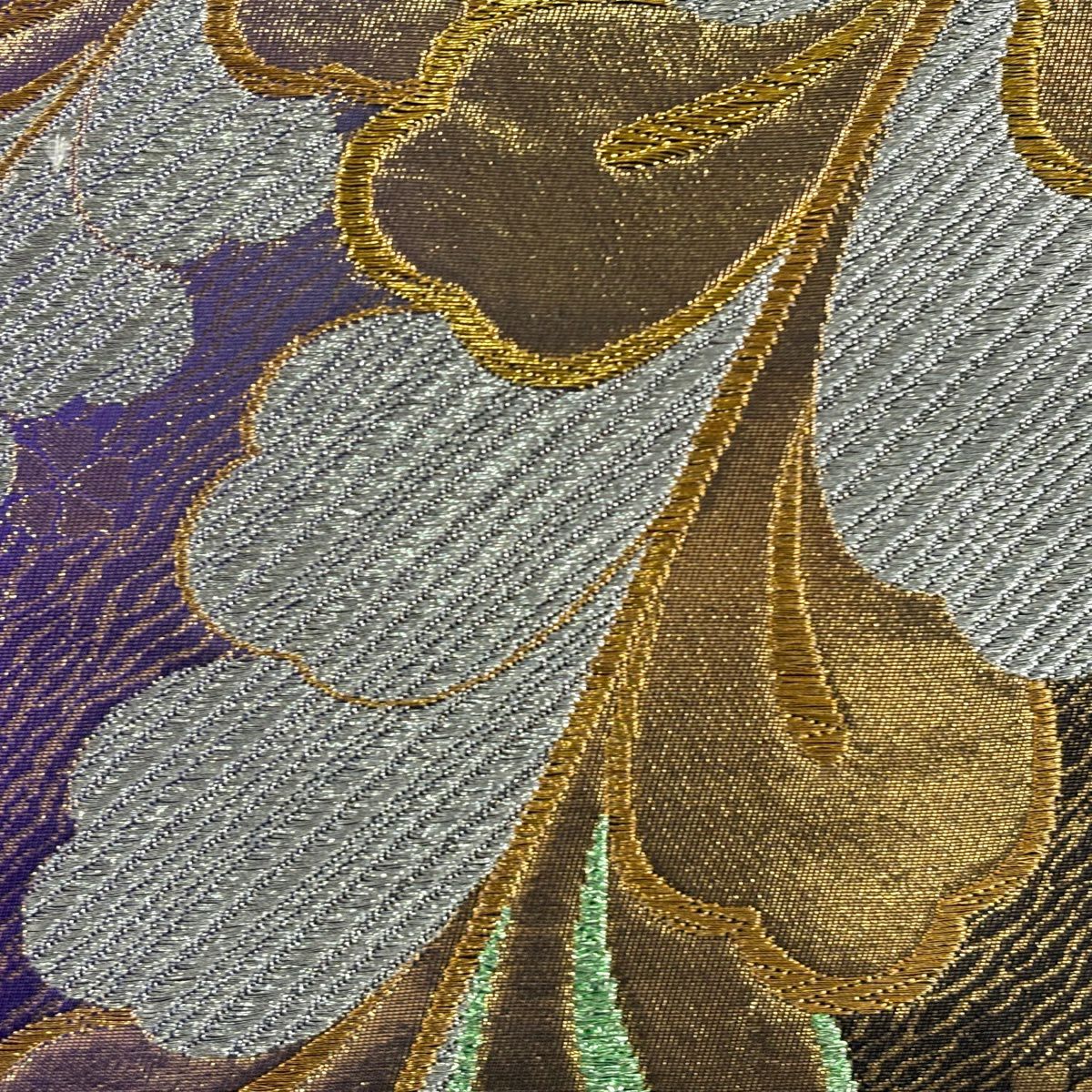 【美品】 袋帶 秀品級 振袖禮服禮服用 藤 金銀絲 金金箔 紫 六通 純蠶絲