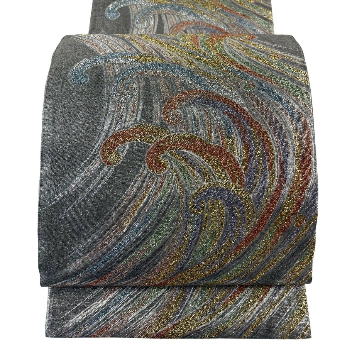 【美品】 袋帶 秀品級 波頭 金金箔 銀 六通 純蠶絲