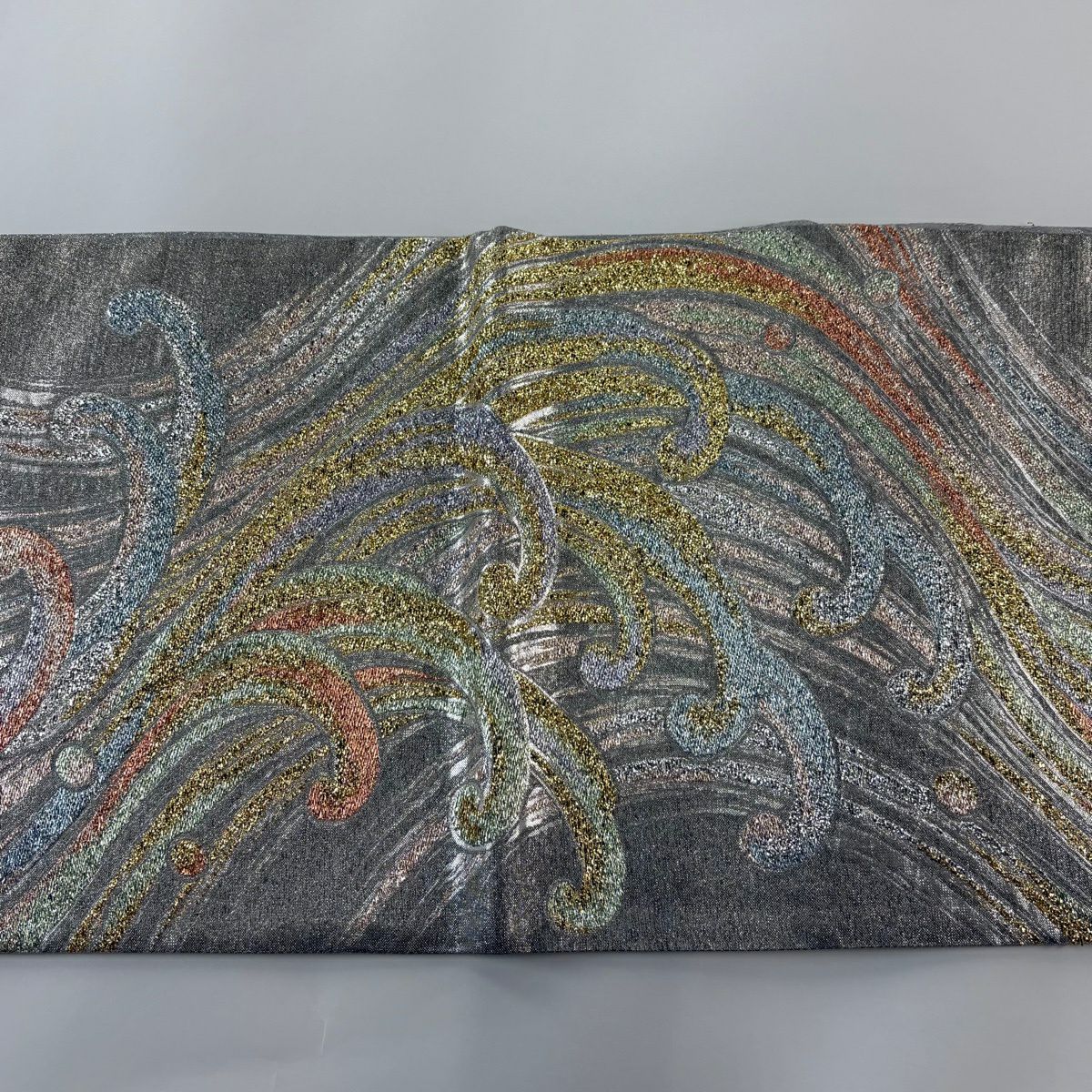 【美品】 袋帶 秀品級 波頭 金金箔 銀 六通 純蠶絲