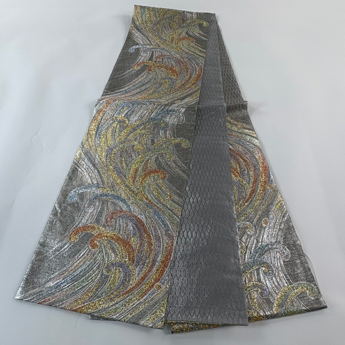 【美品】 袋帶 秀品級 波頭 金金箔 銀 六通 純蠶絲